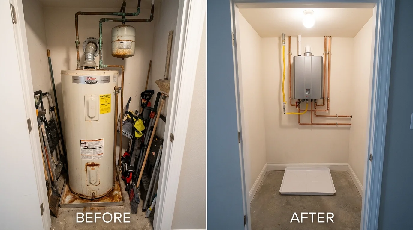 Tank water heater versus wall-mounted tankless unit comparison for Brighton, IL homeowners