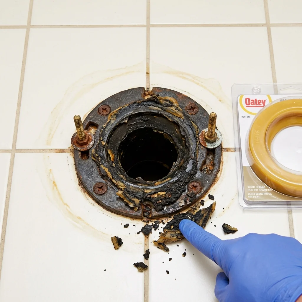 Failed wax ring showing water seepage at the base of a toilet in a Brighton, IL home